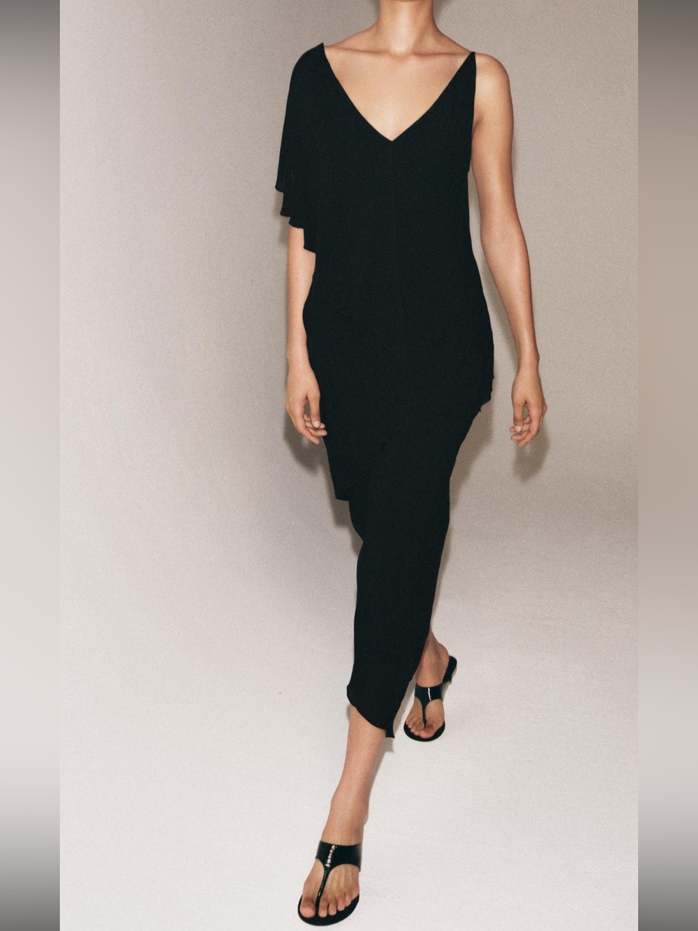Zara Black One-Shoulder Draped Midi Dress